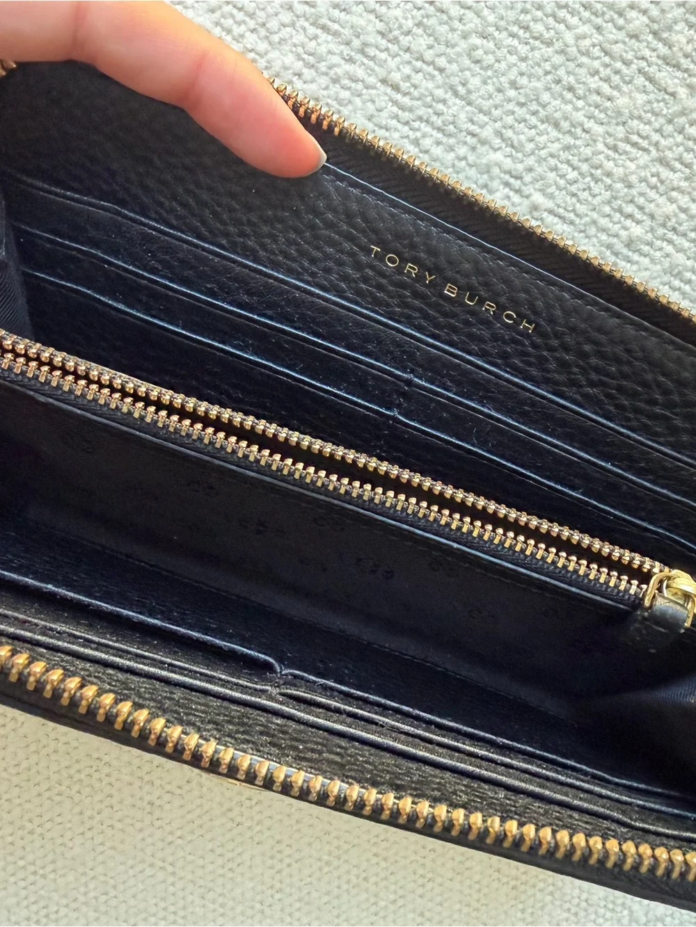 Tory Burch Black Pebbled Leather Zip Wallet with Gold Logo